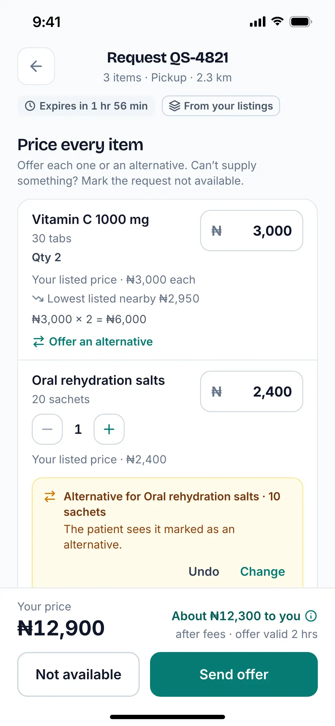 Pricing a request: a price for each item, an alternative offered for one item, and the total before sending the offer