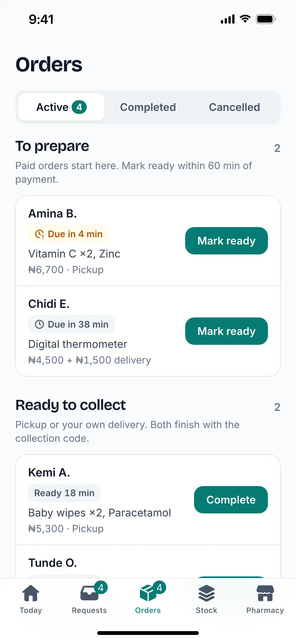The Orders screen: paid orders to prepare, each with a Mark Ready button, and orders ready to collect