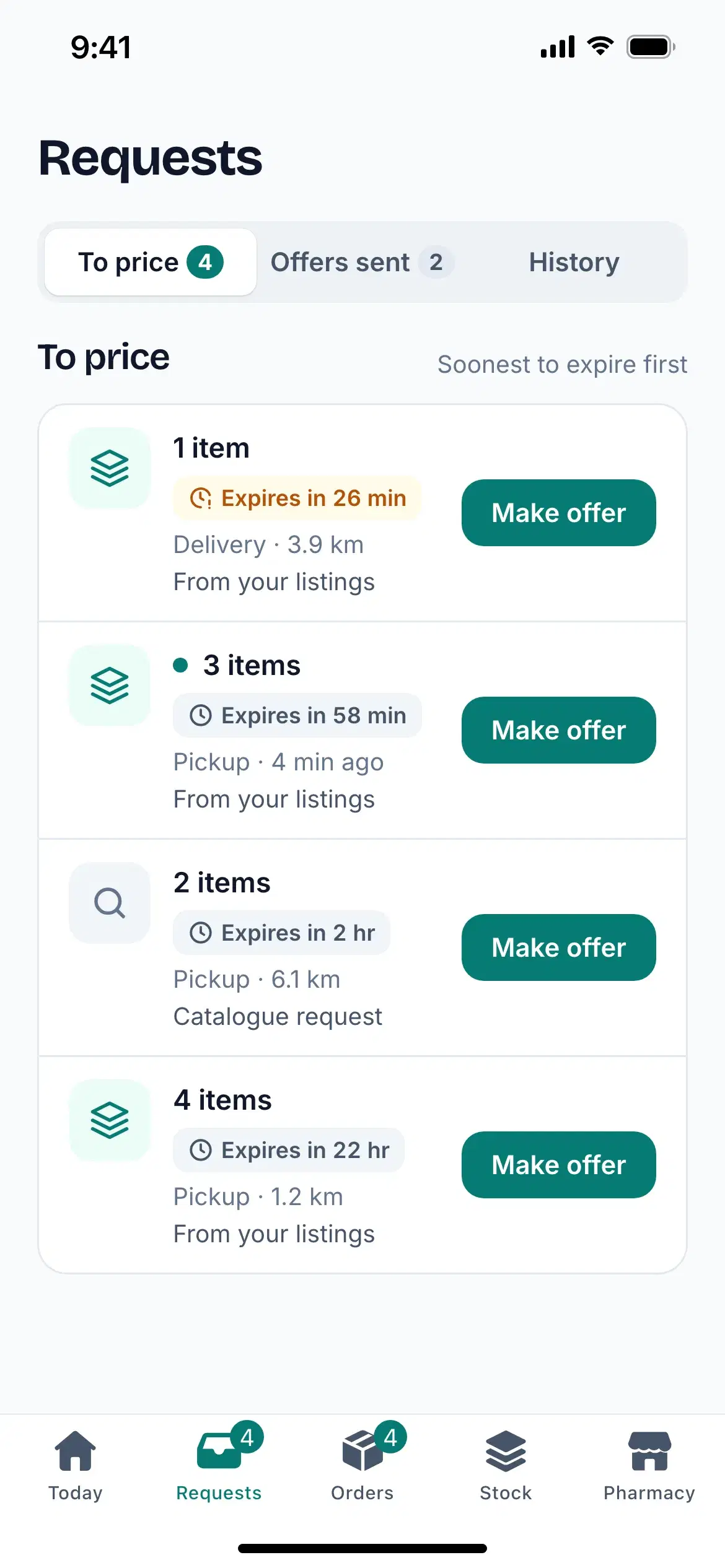 The FillPrescript Requests screen: patient requests to price, soonest to expire first, each with a Make Offer button