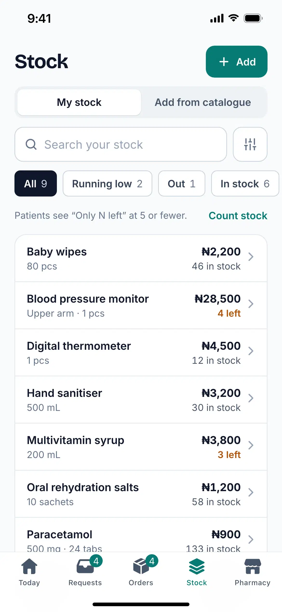 The Stock screen: a pharmacy's listed products with prices and stock levels, and an Add button