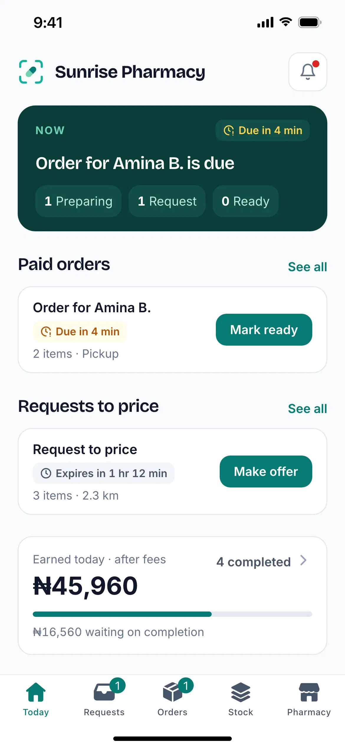 The FillPrescript Today screen: the order due next, paid orders to prepare, requests waiting for a price, and today's earnings after fees.